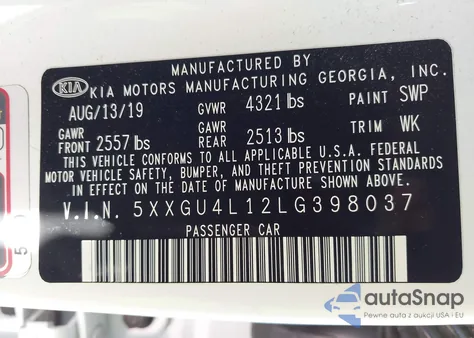 2020 Kia Optima Ex from USA, damaged, VIN 5XXGU4L12LG398037